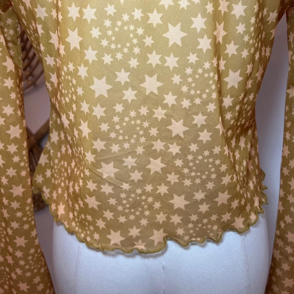 Free People Mustard Sheer Mesh Marne Top Star Print Ruffle Tie Front XS